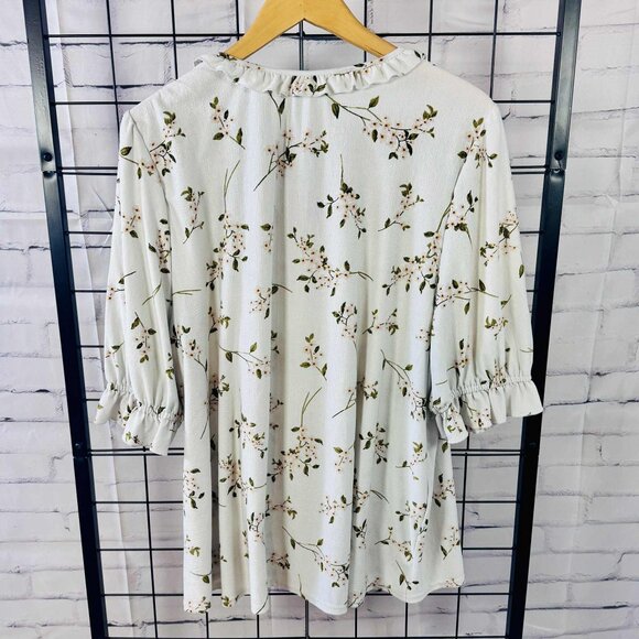 Melloday White Floral Blouse – Size 2X Ruffle Neck & Sleeves - Picture 2 of 9